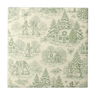 Groen Toile Vintage Kerst Dorp Patroon (6) Tegeltje