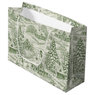 Groen Toile Vintage Kerst Dorp Patroon Groot Cadeauzakje