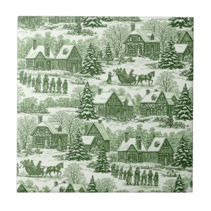 Groen Toile Vintage Kerst Dorp Patroon Tegeltje