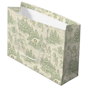 Groen Toile Vintage Kerst Dorps Patroon (5) Groot Cadeauzakje