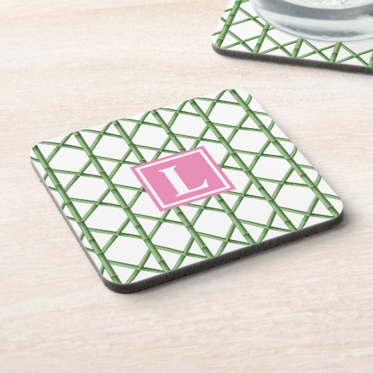 Groen Trellis Bamboe Patroon Monogram Bier Onderzetter (Linkerzijde)