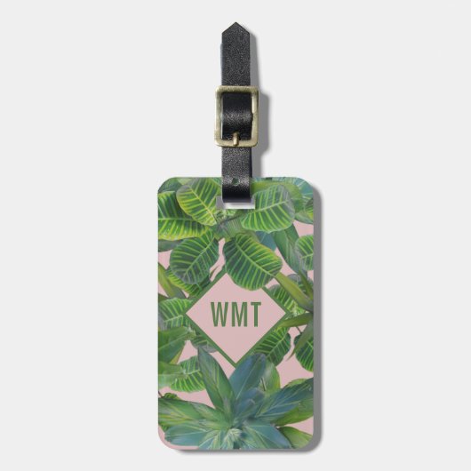 Groen Tropisch Blad Monogram Roze Bagagelabel (Voorkant verticaal)