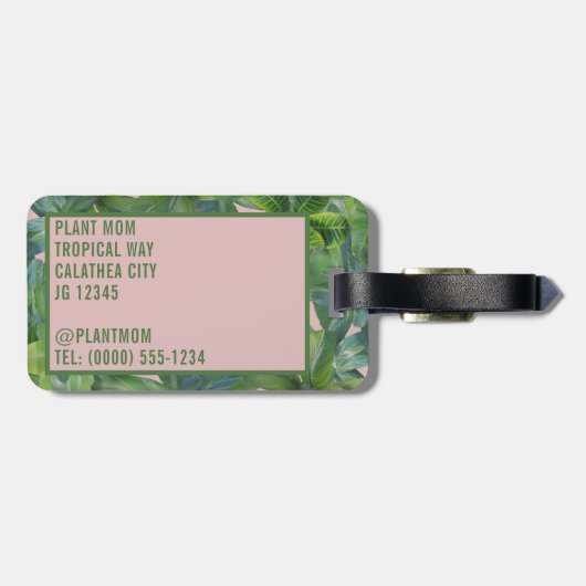 Groen Tropisch Blad Monogram Roze Bagagelabel (Achterkant horizontaal)