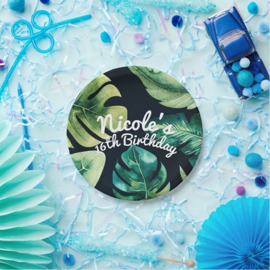 Groen tropisch blad Zwart Elegant Zomerfeest Papieren Bordje (Feest)