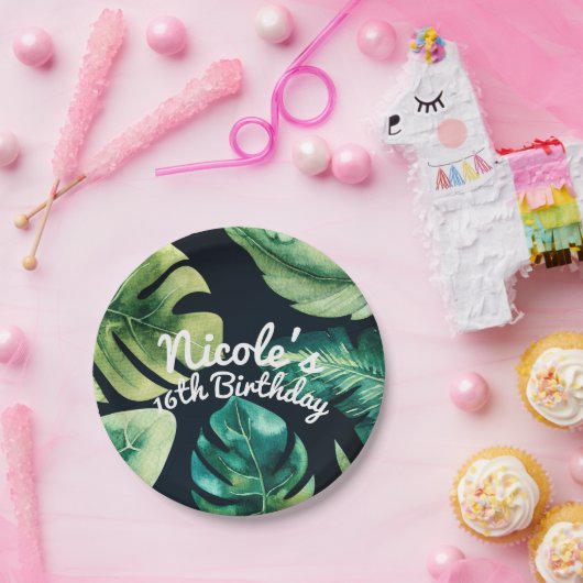 Groen tropisch blad Zwart Elegant Zomerfeest Papieren Bordje (Feest)