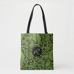 Groen Tropisch Damaskpatroon met Monogram Tote Bag