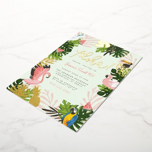 Groen | Tropisch goud in Aloha Hawaii Folie Uitnodiging (Gedraaid)