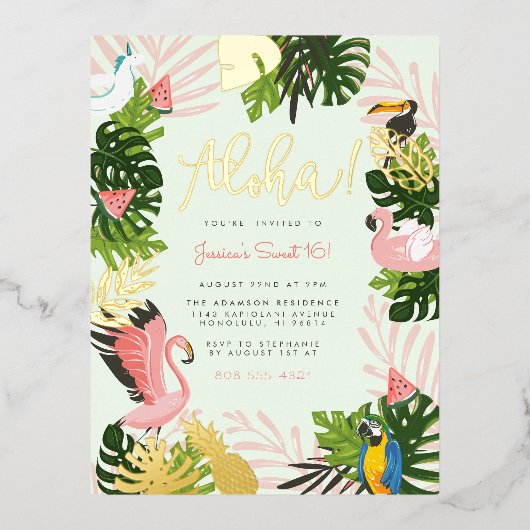 Groen | Tropisch goud in Aloha Hawaii Folie Uitnodiging Briefkaart (Voorkant)
