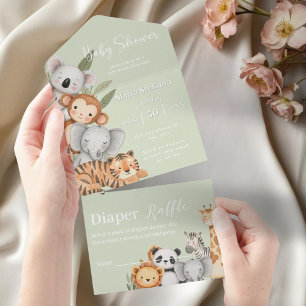 groen Tropisch Oerwoud Safari Baby shower Dieren All In One Uitnodiging