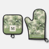 Groen Tropisch palm leest Patroon Ovenwant & Pannenlap Set (Voorkant)