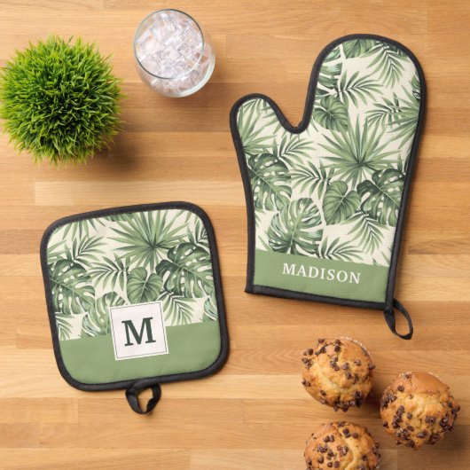 Groen Tropisch palm leest Patroon Ovenwant & Pannenlap Set (Top down)
