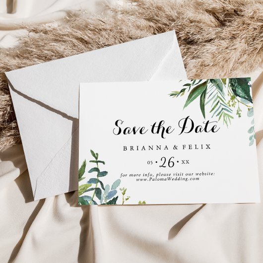 groen tropische kalligrafie horizontale bruiloft save the date