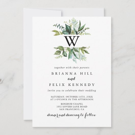 Groen Tropische Kalligrafie Monogram Bruiloft Kaart (Voorkant)
