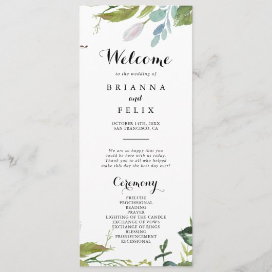 Groen Tropische Kalligrafie Trouwprogramma Programmakaart (Voorkant)