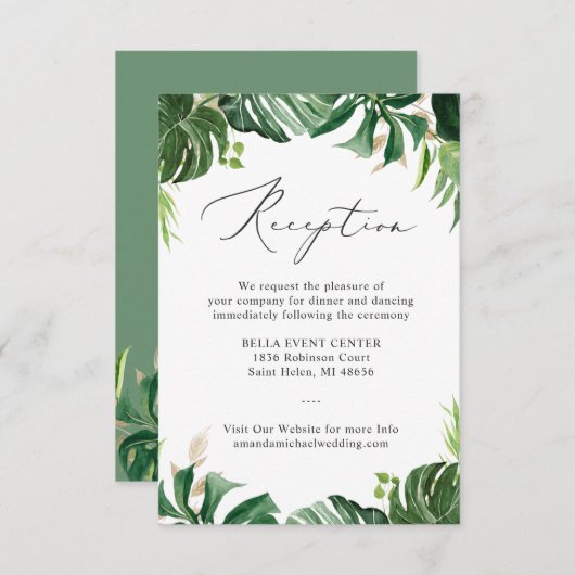 Groen Tropische Palm Bladeren Trouwreceptie Informatiekaartje (Voorkant / Achterkant)