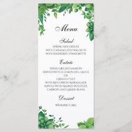 Groen trouwmenu buiten. Zomer dinermenu Menu
