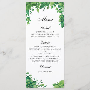 Groen trouwmenu buiten. Zomer dinermenu Menu