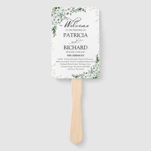 Groen Trouwprogramma Eucalyptus Waterverf Handwaaier (Voorkant)