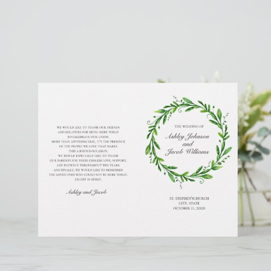 Groen trouwprogramma gevouwen. Waterverf botanisch (Staand voorkant)