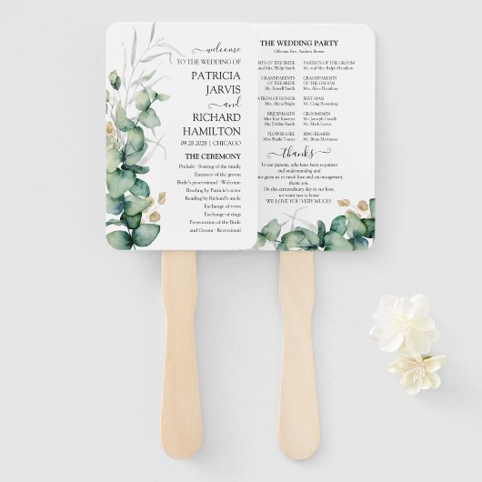 Groen Trouwprogramma Waterverf Eucalyptus Handwaaier (Voorkant en achterkant)