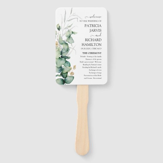 Groen Trouwprogramma Waterverf Eucalyptus Handwaaier (Voorkant)