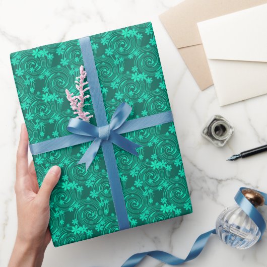 Groen turquoise helder bloemmotief cadeaupapier (Geschenken)