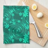 Groen turquoise helder bloemmotief theedoek (Quarter Fold)
