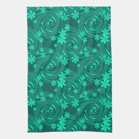 Groen turquoise helder bloemmotief theedoek (Verticaal)