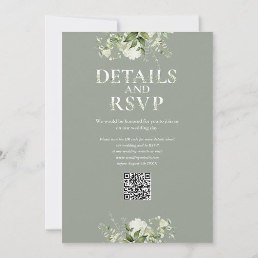 Groen Typografie QR Code Sage Green Wedding Kaart (Achterkant)