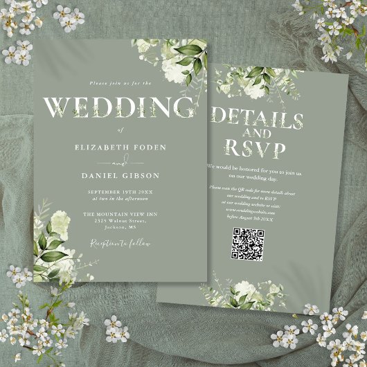 Groen Typografie QR Code Sage Green Wedding Kaart