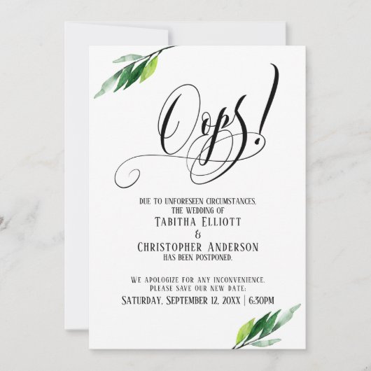 groen uitgesteld bruiloft "oeps!" bekendmaking kaart (Voorkant)