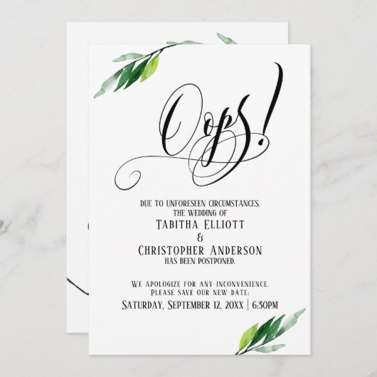 groen uitgesteld bruiloft "oeps!" bekendmaking kaart (Voorkant / Achterkant)