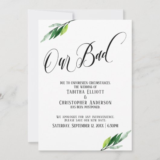 groen uitgesteld bruiloft "onze slechte" aankondig kaart (Voorkant)