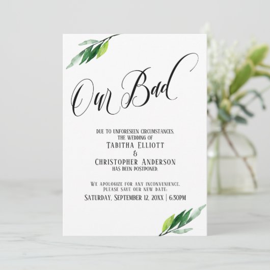 groen uitgesteld bruiloft "onze slechte" aankondig kaart (Staand voorkant)