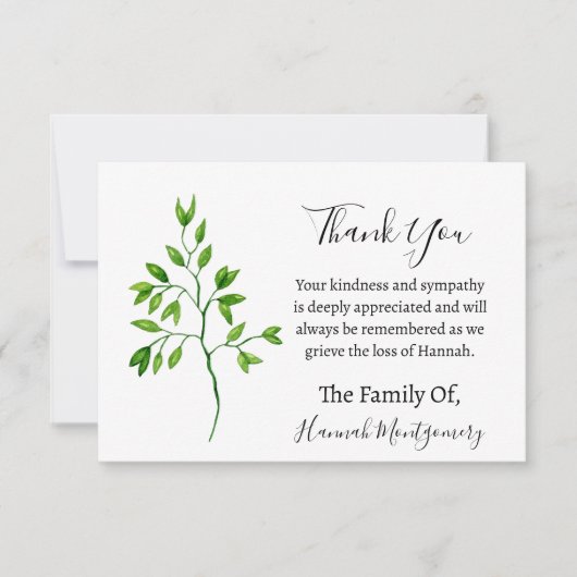 Groen Uitvaartsympathie Dank u Notitiekaartje (Voorkant)