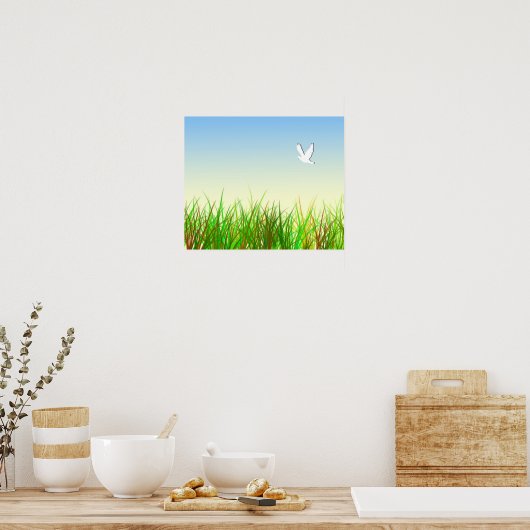 Groen veld met witte duif poster (Keuken)