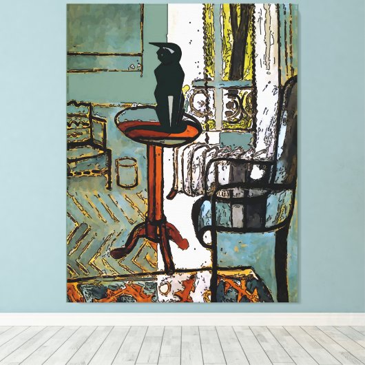Groen Venster met Zwarte Kat Canvas Afdruk (Insitu (Houten vloer))