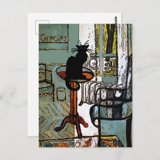 Groen venster met zwarte kat, Gracias, tekst wijzi Briefkaart (Voorkant / Achterkant)