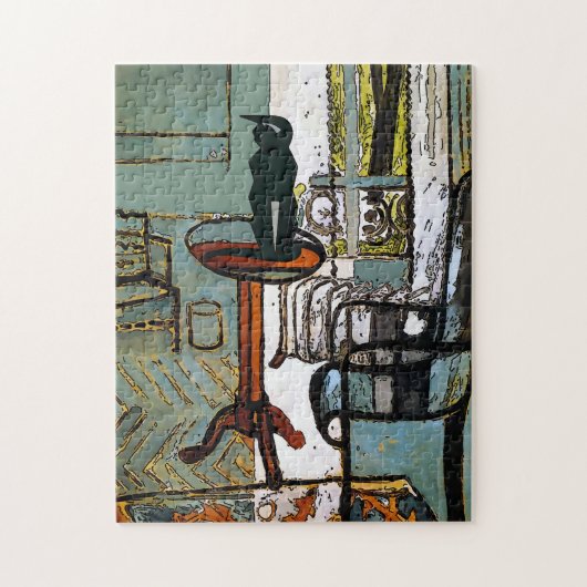 Groen venster, zwart katje legpuzzel (Verticaal)