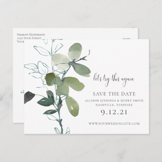 Groen Verander de datum Eucalyptus bruiloft Aankondigingskaart (Voorkant / Achterkant)