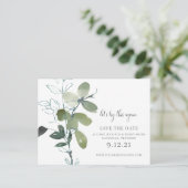 Groen Verander de datum Eucalyptus bruiloft Aankondigingskaart (Staand voorkant)