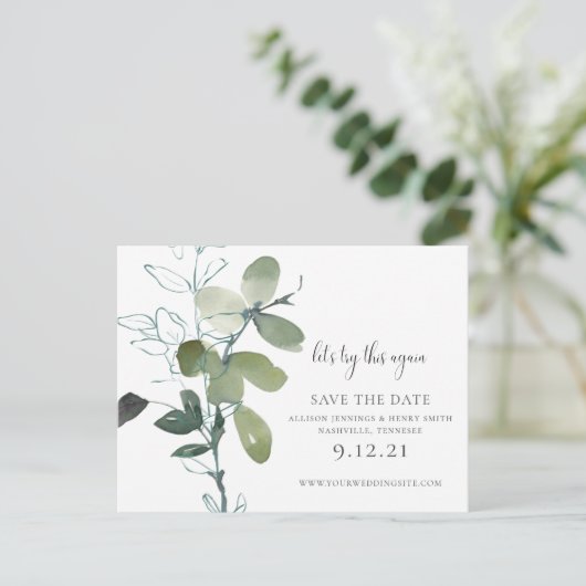 Groen Verander de datum Eucalyptus bruiloft Aankondigingskaart (Staand voorkant)