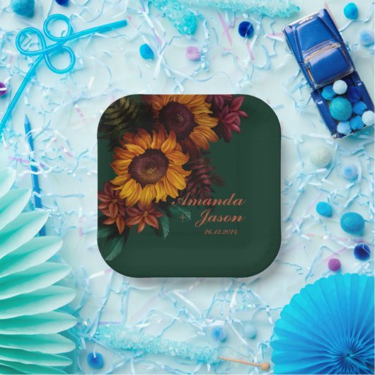 Groen verbrand Sinaasappel Bloemen Bruiloft Papieren Bordje (Feest)