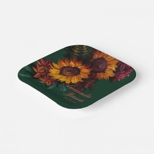 Groen verbrand Sinaasappel Bloemen Bruiloft Papieren Bordje (Gebogen)