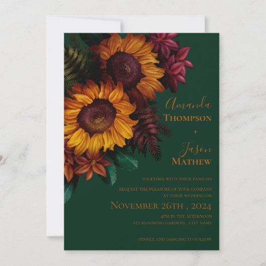 Groen verbrand Sinaasappel Bloemenbruiloft Uitnodi (Voorkant)