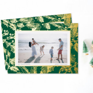 Groen Vergulde Hulst Frame Traditionele Kerst Folie Feestdagenkaart