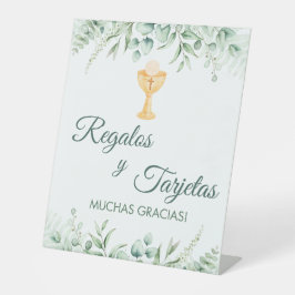 Groen verlaat Spaanse Eerste Communie Tafeltent Reclamebord Met Voetstuk