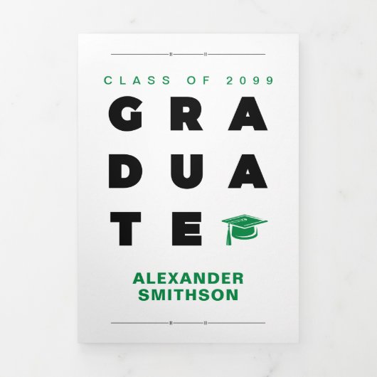 Groen vet AFSTUDEREN brieven en Pet Afstuderen Drieluik Aankondiging (Cover)