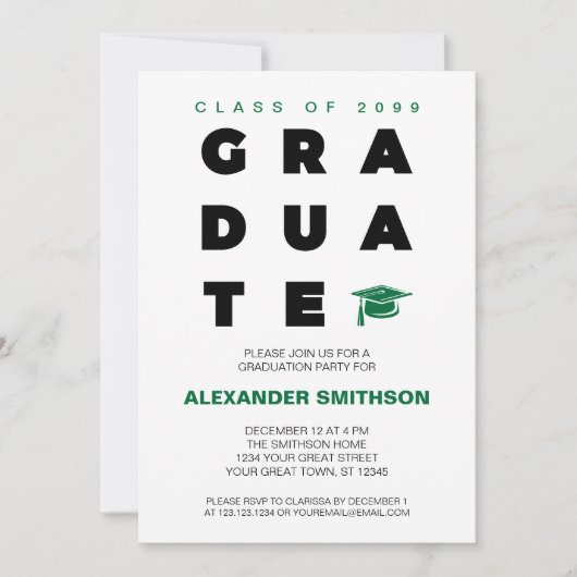 Groen vet AFSTUDEREN brieven en Pet Afstuderen Kaart (Voorkant)