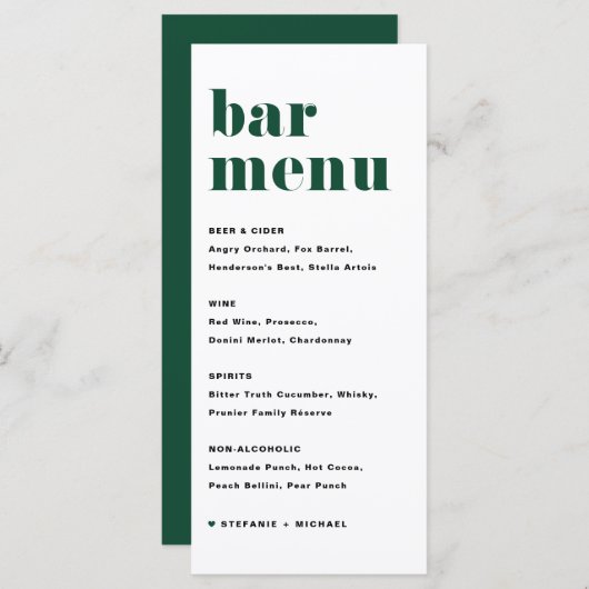 Groen Vet Retro Typografie Bruiloft Bar Menu (Voorkant / Achterkant)